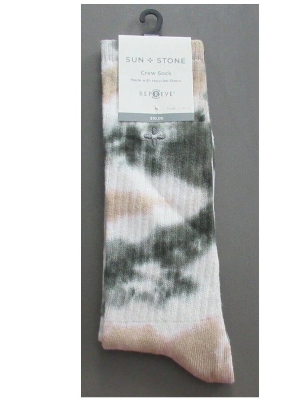 Sun + Stone Men's 1-Pair Novelty Crew Socks, Olive Tie Dye, Shoe Size 7-12